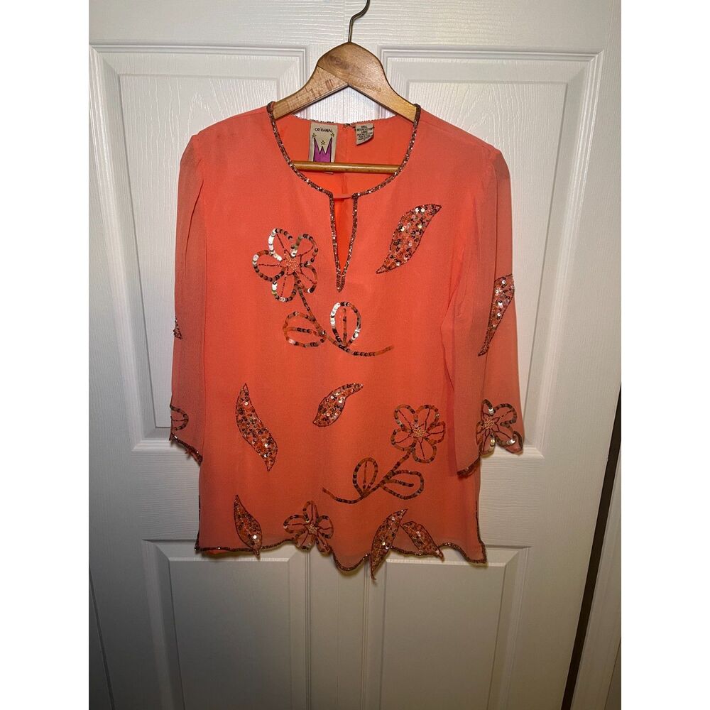 Vintage Original Anthony Sequin Floral Sheer Blouse Top Coral  Women’s Large